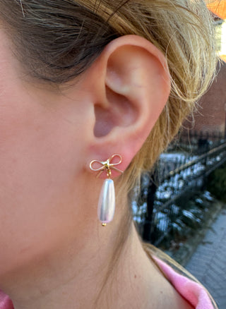 Gold Bow Pearl Drop Earrings