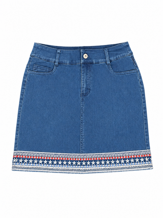 Lulu B Clear Denim Embroidered Stars and Stripes Pull on Jean Skort