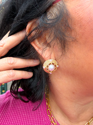 Decorated Dome Shape Earrings Cream