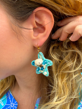 Shell & Bead Starfish Earrings Light Blue