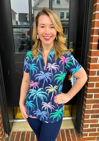 Beachtime by Lulu B Neon Palms Short Sleeve Zip Top