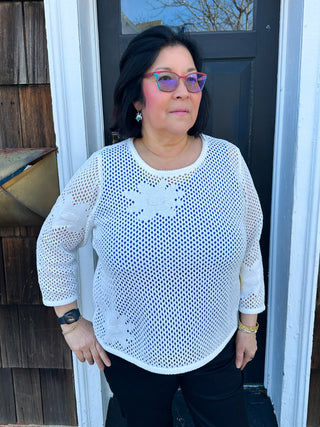 Escape by Habitat White Floral Crochet Pullover