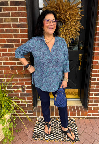 Beachtime by Lulu B Navy and Emerald Abstract Button Tunic