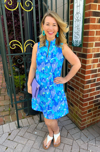 Beachtime by Lulu B Blue Multicolor Hearts Sleeveless Quarter Zip Dress