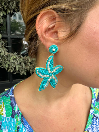 Blue Beaded Starfish Earrings