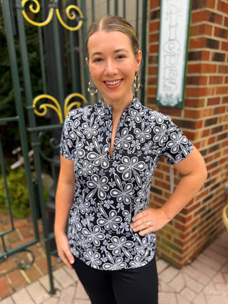 Beachtime by Lulu B Black Flower Power Short Sleeve Zip Top