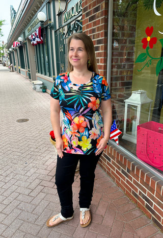 Vibrant Tango Mango Tropical Floral Scoop Neck Tee