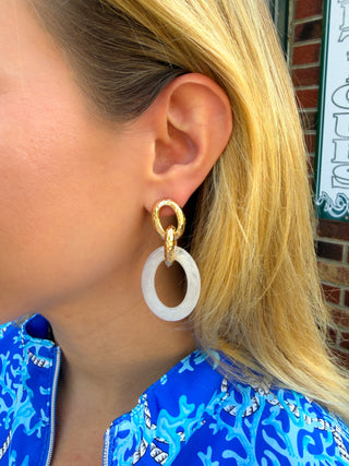 Linked Acrylic & Textured Metal Oval Earrings White