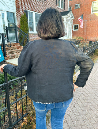 Lulu B Chic Black Frayed Edge Linen Zip Jacket