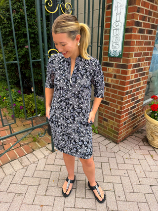 Beachtime by Lulu B Black Flower Power Short Sleeve Quarter Zip Pocket Dress