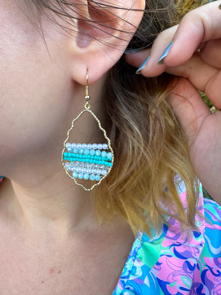 Aqua Beaded Wavy Earrings