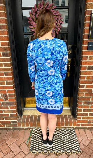 Tango Mango Blue Flower 3/4 Sleeve V-Neck Dress