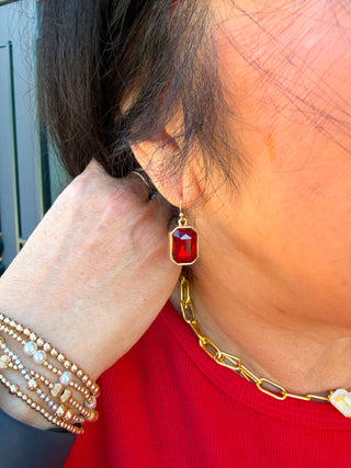 Gold and Red Crystal Rectangle Earrings