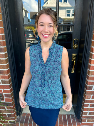 Beachtime by Lulu B Little Ruffle Neck Sleeveless Top Emerald and Navy Abstract
