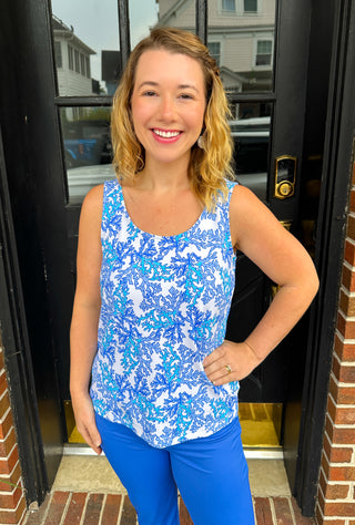 Lulu B White and Blue Coral Basic Tank