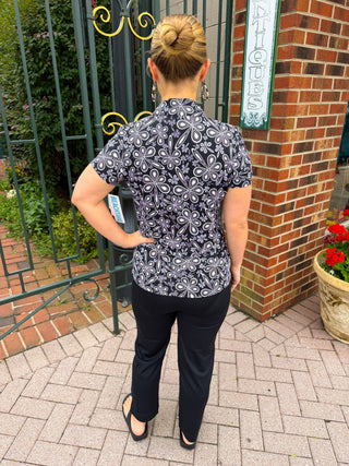 Beachtime by Lulu B Black Flower Power Short Sleeve Zip Top
