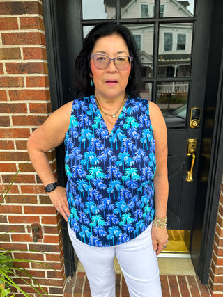 Beachtime by Lulu B Navy Multi Palm Sleeveless V-neck Tank