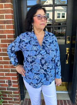 Beachtime by Lulu B Navy Hibiscus Quarter Zip-Up Pull-Over