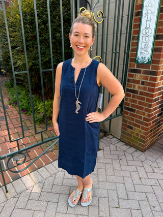 Lulu B Navy Linen Sleeveless Dress with Pockets
