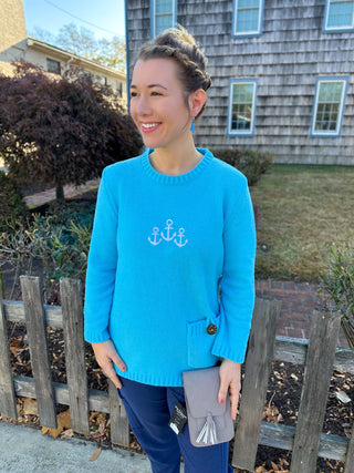 Lulu B Blue Chenille Anchor Embroidered Sweater