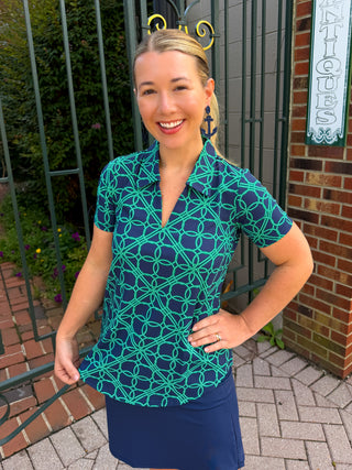 Lulu B Navy and Emerald Loops Short Sleeve Collar Top