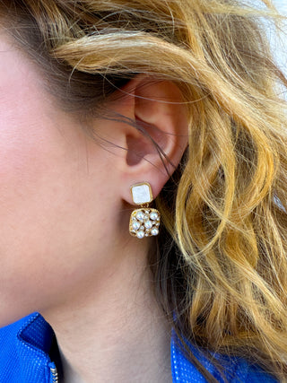 Gold and Pearl Block Earring