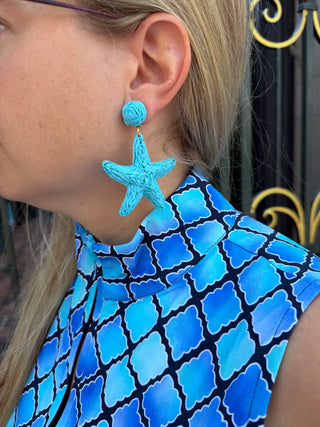 Wrapped Raffia Starfish Earrings Aqua