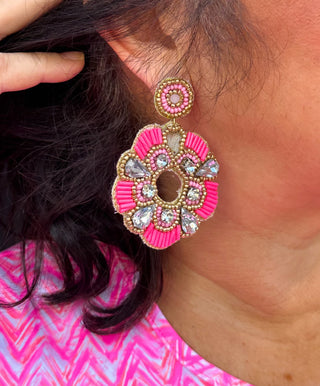 Pink Flower Rhinestone Earrings