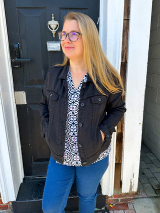 Lulu B Black and Pink Flower V-Neck 3/4 Sleeve Top