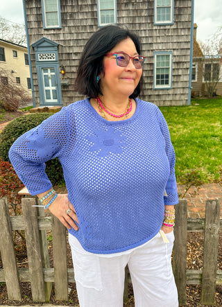 Escape by Habitat Baja Blue Floral Crochet Pullover