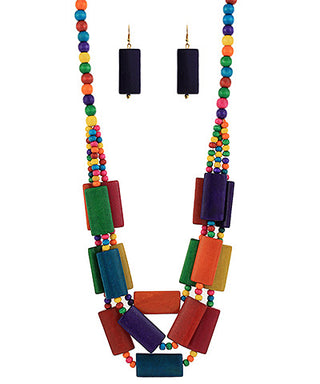3 Layered Wood Rectangle Necklace Set Multi-Colored