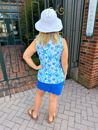 Beachtime by Lulu B Little Ruffle Neck Sleeveless Top Blue Sea Life