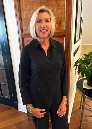 Tango Mango Chic Black Embellished Textured Button-Up Blouse