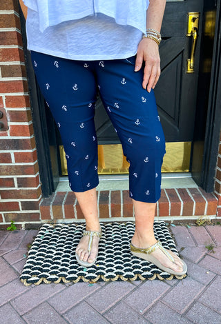 Bangladine by Lulu B White and Navy Anchor Pull On Capris