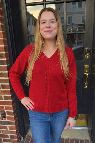 Lulu B Chic Crimson Cable Knit V-Neck Sweater
