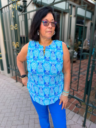 Lulu B Coastal Fish UPF 50+ Sleeveless Keyhole Top