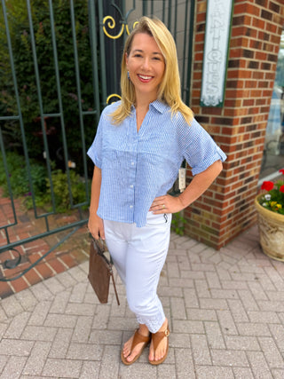 Coastal Blue Stripe Linen Blend Button Down Top