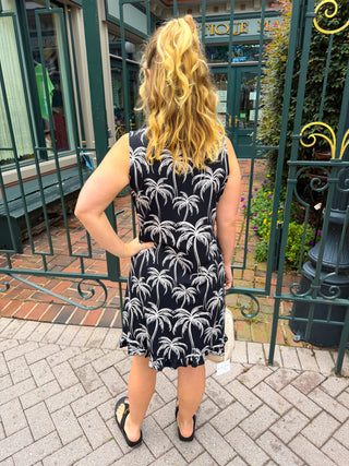 Beachtime by Lulu B Black and Stone Palms Sleeveless Ruffle Neck Dress