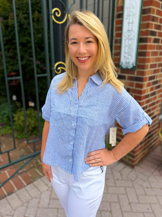 Coastal Blue Stripe Linen Blend Button Down Top