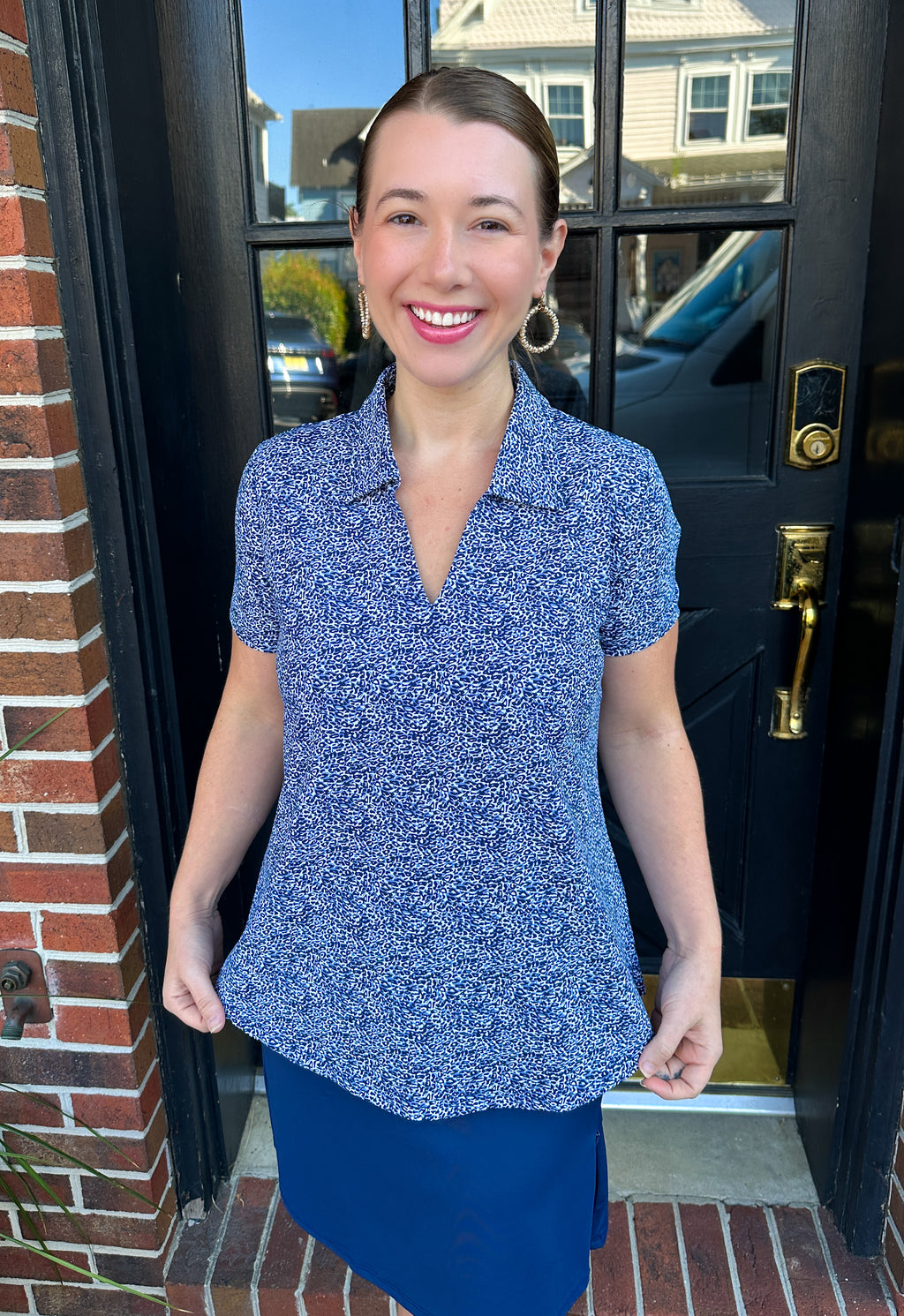 Lulu B Blue Animal Print Short Sleeve Collar Top – Blooming Boutique