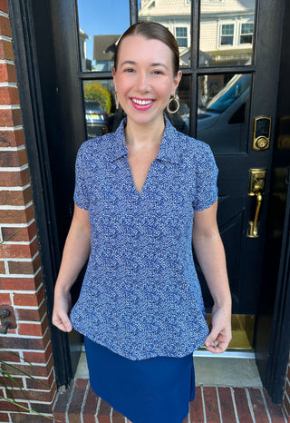 Lulu B Blue Animal Print Short Sleeve Collar Top