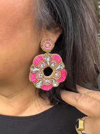 Pink Flower Rhinestone Earrings