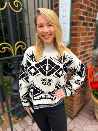 Olivia by Habitat Geometric Jacquard Mock Neck Sweater Ivory