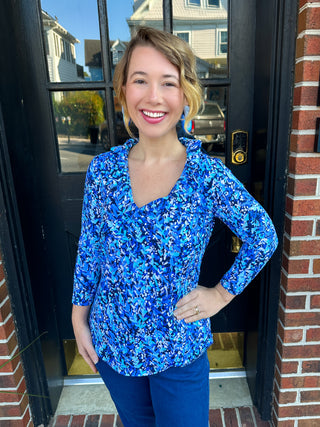 Lulu B Ruffle Neck Dark Blue Vine Top