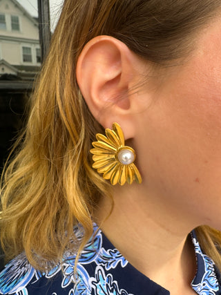 Gold and Pearl Sunflower Earrings