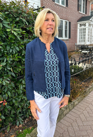 Lulu B Chic Navy Frayed Edge Linen Zip Jacket