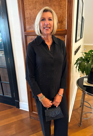 Tango Mango Chic Black Embellished Textured Button-Up Blouse