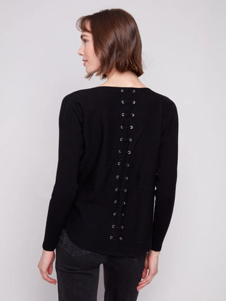 Charlie B Lace-Up Back Boat Neck Sweater in Black