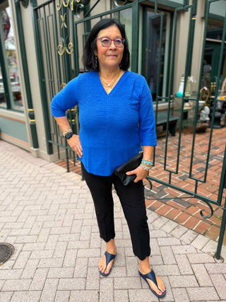 Lulu B Blue Waffle Texture 3/4 Sleeve V-Neck Top