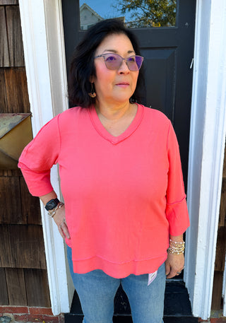 Lulu B Salmon Button Back Waffle Knit V-Neck Top